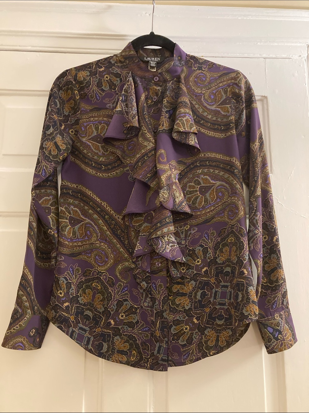 NWOT Lauren Ralph Lauren Purple Paisley Ruffle-Front Button Down Shirt Size:XXS